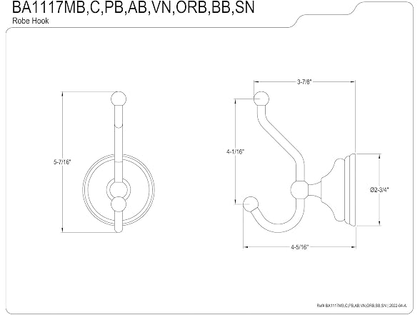 Kingston BA1117AB Victorian Robe Hook, Antique Brass