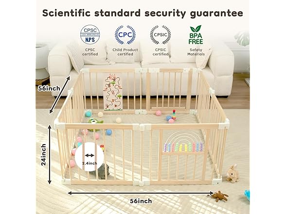 Ulnxiy Foldable Wooden Baby Playpen Activity Center,Adjustable Size & Shape Portable Play Yard, Baby Fence Play Area with Gate for Indoor Use for Babies and Toddlers(56x56x24inches) (Open Box)