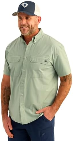 HUK Men's Standard Next Level Solid Short Sleeve Fishing Button Down Shirt, Fog Green