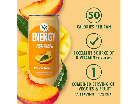6PK V8 Energy Peach Mango Energy Drink, 8 oz