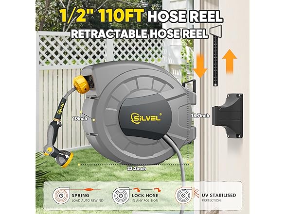 SILVEL 1/2 in x 110 FT Retractable Garden Hose Reel