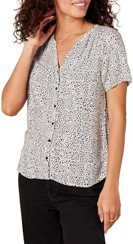 Amazon Essentials Women's Relaxed-Fit Short-Sleeve Woven Blouse, Mini Leopard, Medium
