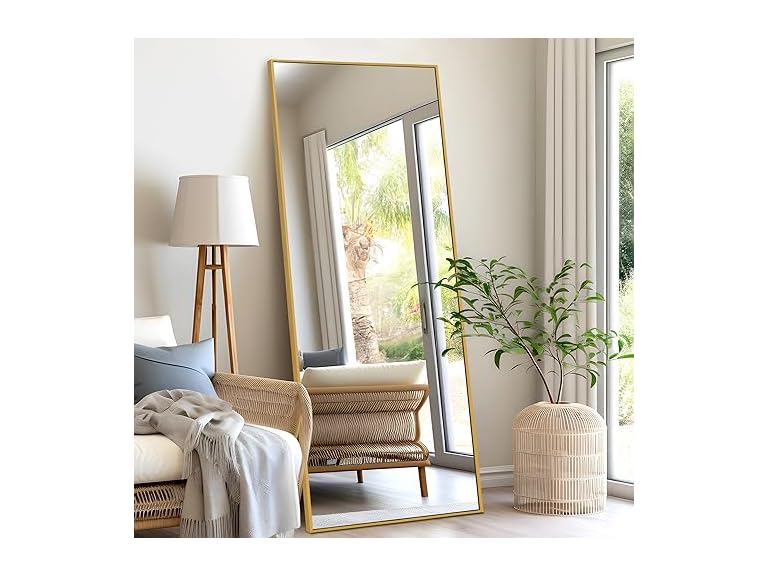 NeuType Full Length Floor Mirror Standing Hanging or Leaning Against Wall, Large Rectangle Bedroom Dressing Mirror Wall-Mounted, Aluminum Alloy Thin Frame, 65"x22"