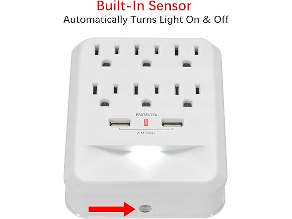 Clear Power 6-Outlet 600 Joule Wall-tap w/2-port USB-A Charger & Nightlight