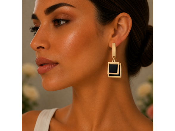 18K Gold Black Square Drop Earrings