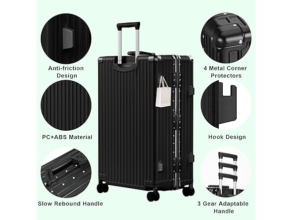 AnyZip Luggage PC+ABS Aluminum Frame Zipperless Checked Luggage Hard Shell Suitcase with TSA Lock Double Spinner Wheels 28 Inch Black (Open Box)