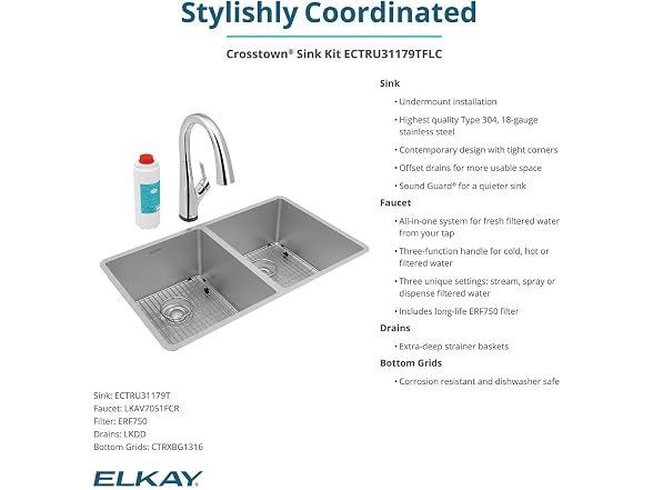 Elkay Crosstown 18 Gauge SS 31" Sink Kit w Filtered Faucet