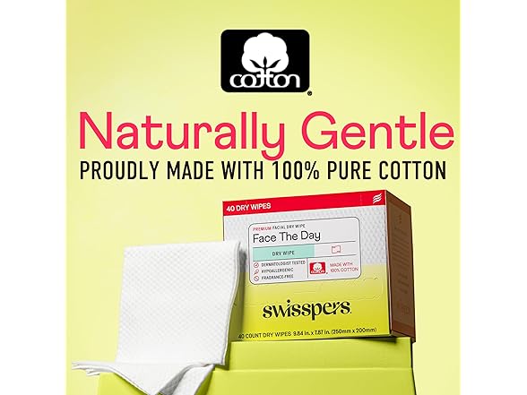 Swisspers Premium 100% Cotton Dry Facial Wipes 40 Count
