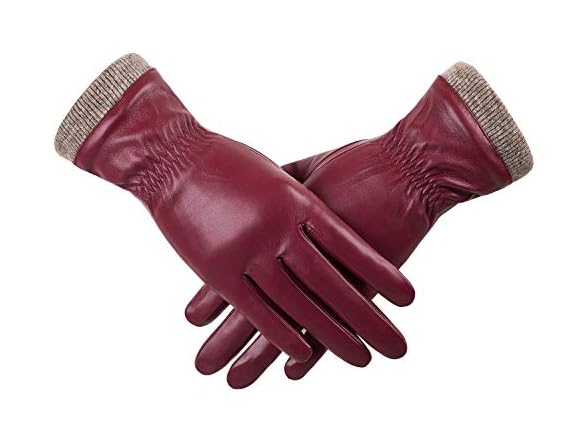REDESS Women's Wine Red Leather Gloves