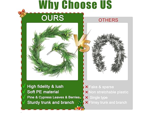 TISEMENT Norfolk Pine Cypress Garlands with Green Berry, 6Ft