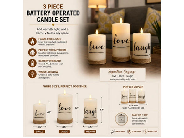 3 Piece Battery Operated Candle Set with Jute Twine