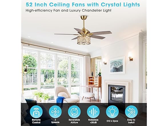 Parrot Uncle F6338MSQ-PU 52" Gold Crystal Ceiling Fan