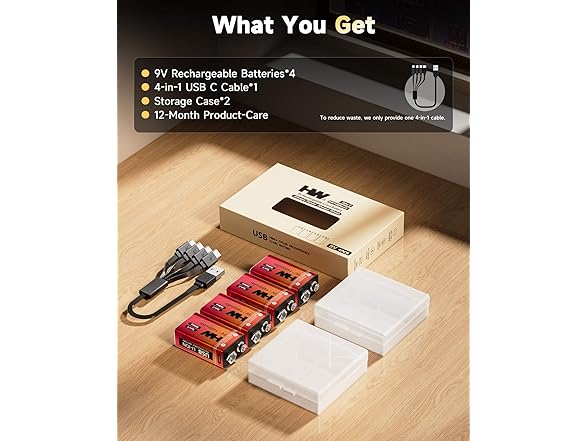 Rechargeable 9V Batteries 4 Pack