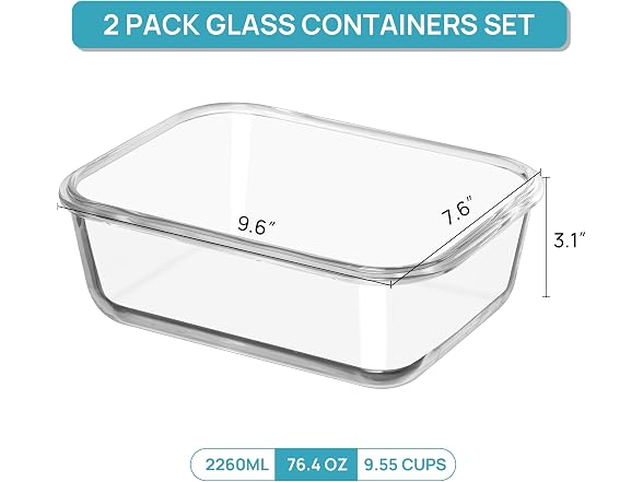 Vtopmart Grey 2 Pack 76.4oz Glass Containers W/ Lids
