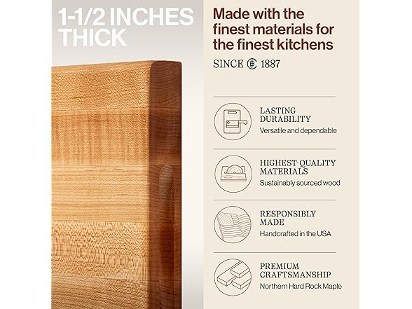 John Boos R-Board Series Rectangular Wooden Maple Cutting Board 18”x12” – 1.5” Thick, 10-lb Reversible Butcher Block with Edge-Grain & Finger Grips – Made in the USA (Open Box)