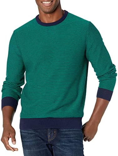 Amazon Essentials Men's Long-Sleeve Crewneck Sweater, 100% Cotton, Big & Tall Options Available, Emerald Green Stripe, Small
