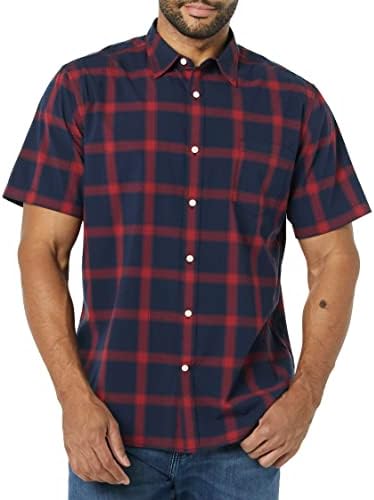 Amazon Essentials Men's Slim-Fit Short-Sleeve Poplin Shirt, Navy Red Buffalo Plaid, XX-Large