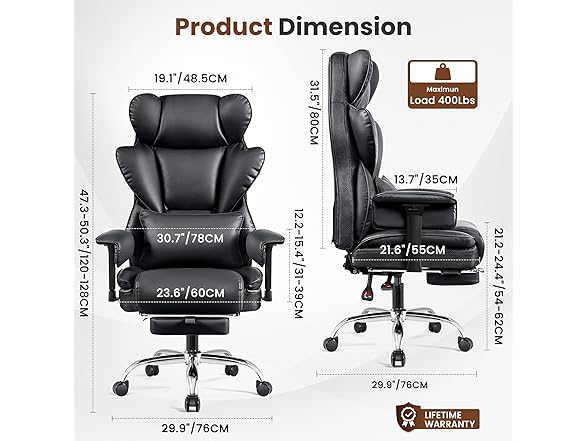 BESTFAIR Big and Tall Office Chair - Heavy Duty 400 LBS Executive Chair with Lumbar Support & Foot Rest, High Back Ergonomic Desk Chair, Padded Wide Seat Gaming Chair, Adjustable Armrests, Black (Open Box)
