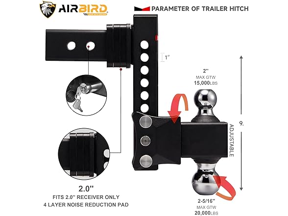 Airbird Anti-Rattle Adjustable Trailer Hitch Ball Mount