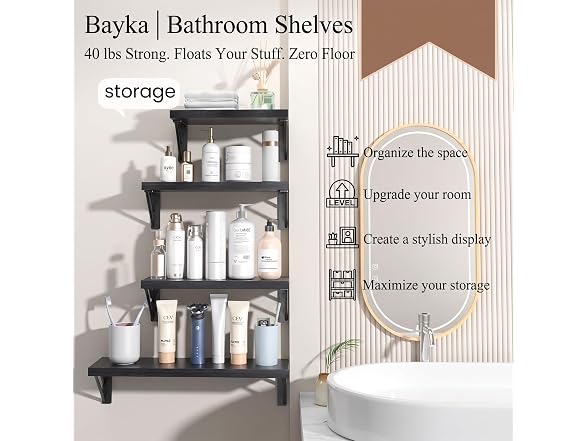 BAYKA 4pc Wood Floating Bathroom Shelves