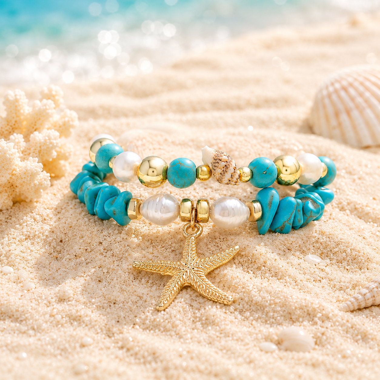 Stretch Beaded Bracelet Stack with Starfish Charm - Gallery 6