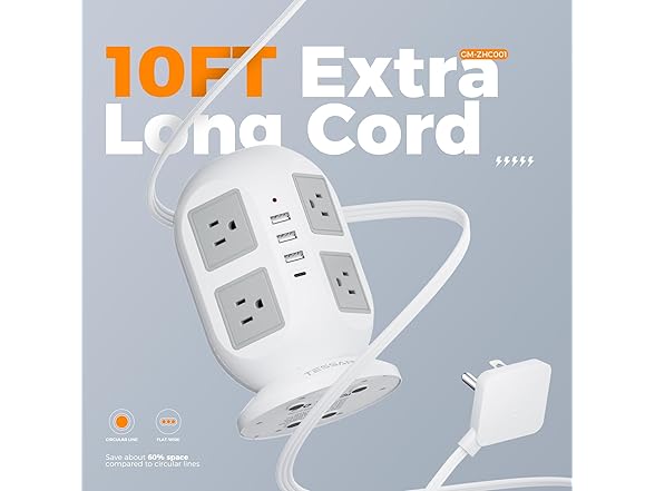 TESSAN 10ft Cord Power Tower (8 Outlets, 2 USB-C, 3 USB-A)