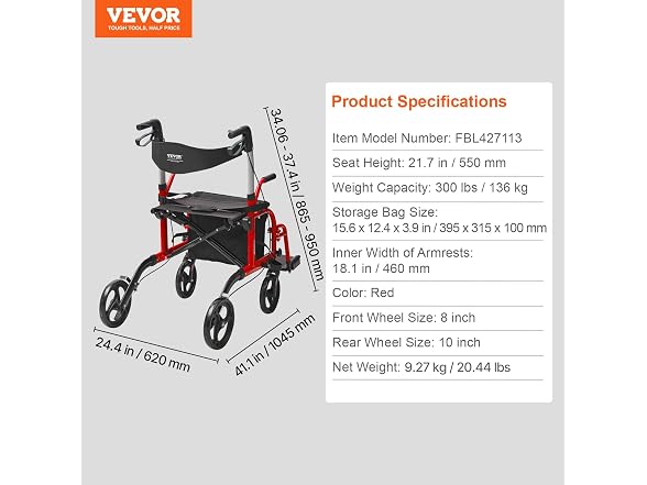 VEVOR 2 in 1 Rollator Walker and Wheelchair 300 Lbs