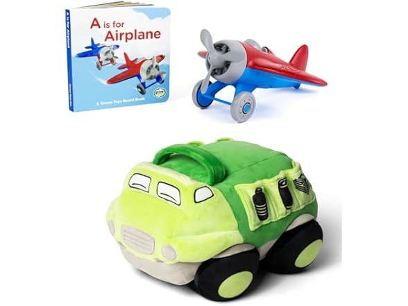 Green Toys Recycle Truck Plush & Airplane Board Book Bundle