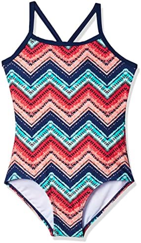 Kanu Surf Girls' Layla Beach Sport Banded 1 Piece Swimsuit, Kirsten Coral Chevron, 12