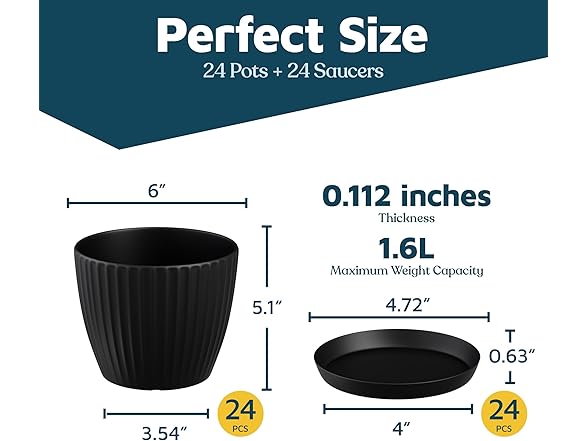 Lifemaster Black 6-Inch Plant Pots with Drainage & Saucers 24 Pack