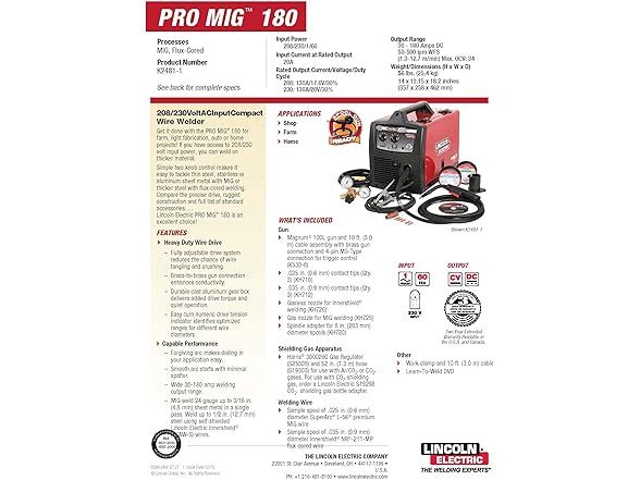  Lincoln Electric, PRO MIG 180T WELDER