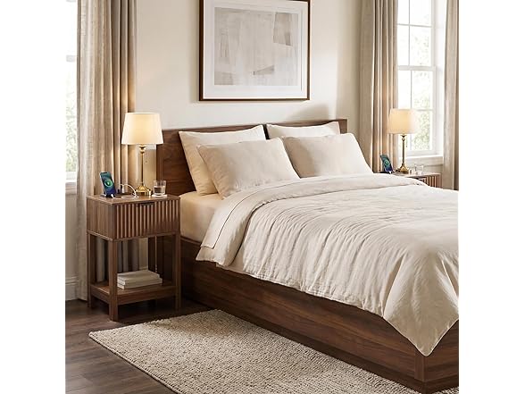 Nasonet Walnut Nightstands with Drawer, Set of 2