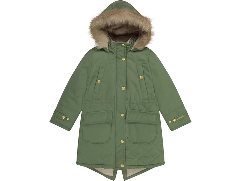 LONDON FOG Girls' Zip-Front Mid Cinch Quilted Parka with Cozy Trimmed Hood, Olive