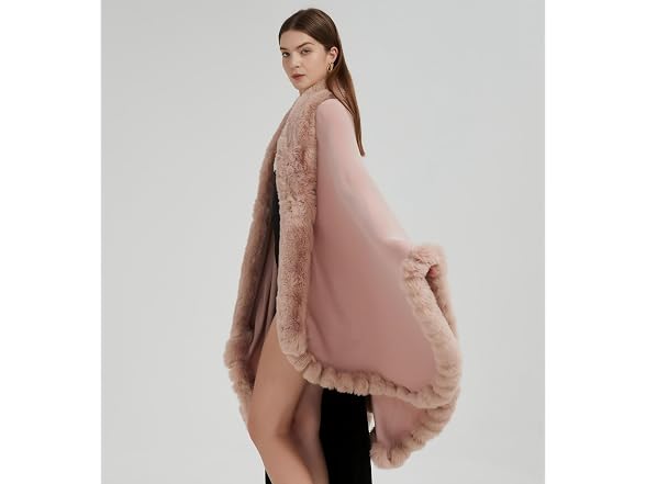 Tngan Women (OS) Faux Fox Fur Trim Cardigan Cape
