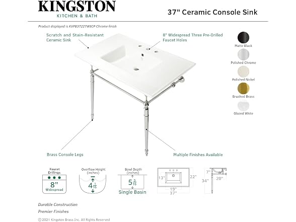 Kingston Brass 37" Ceramic Console Sink, White/Brushed Brass