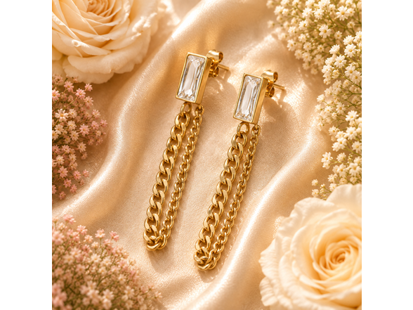 18K Gold Baguette CZ Drop Earrings