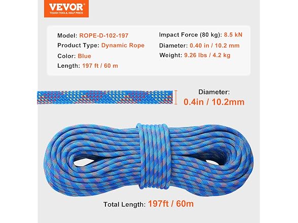 VEVOR 10.2mm Dynamic Climbing Rope