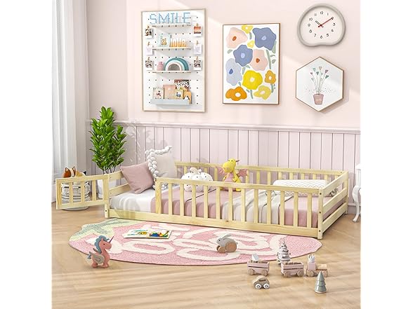 Giantex Twin Floor Bed with Door & Fence, Kids Wood Montesso (Open Box)