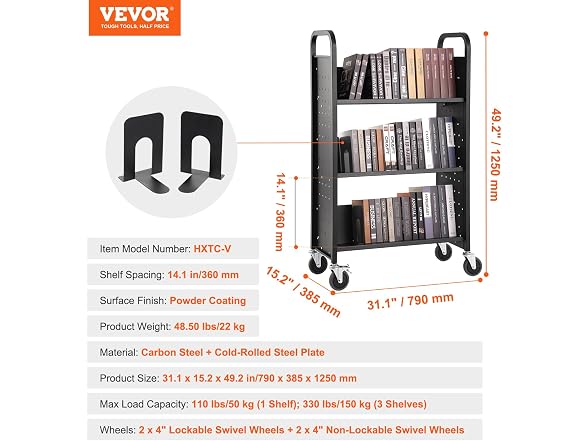 Book Cart, 330 lbs Library Cart, 31.1" x 15.2"