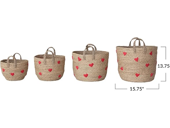 Creative Co-Op 4-Piece Hand-Woven Seagrass Baskets with Embroidered Hearts and Handles, Natural and Red Finish
