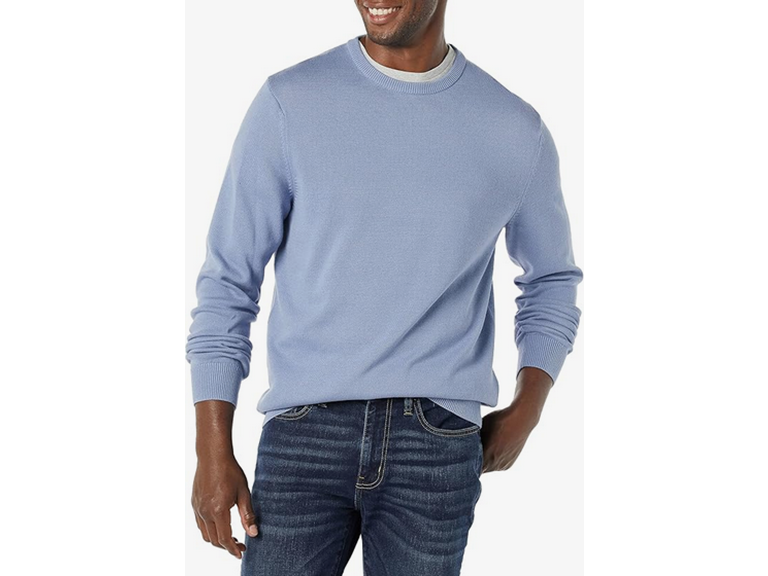 Amazon Essentials Men's Long-Sleeve Crewneck Sweater, 100% Cotton, Big & Tall Options Available, Light Blue, Large