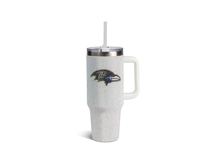 The Memory Company Officially Licensed NFL 40oz Stainless Steel Tumbler - Double Wall Insulated Travel Cup with Handle and Straw Lid - Crystal Rhinestone Design