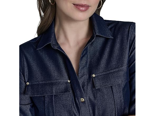 Halston Women (XS) Roll-tab Sleeve Denim-like Top