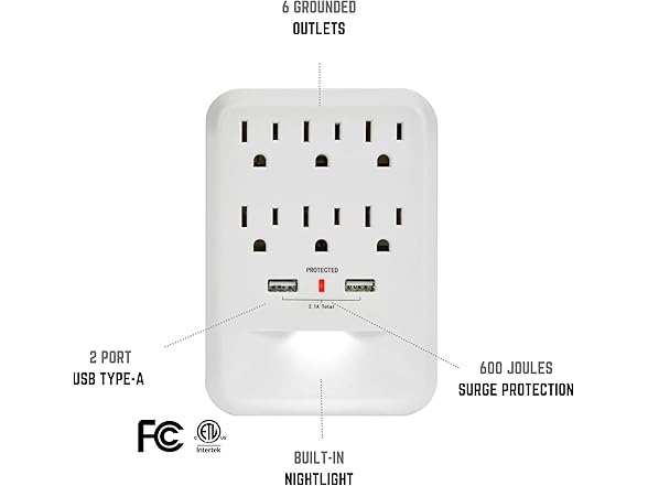 Clear Power 6-Outlet 600 Joule Wall-tap w/2-port USB-A Charger & Nightlight