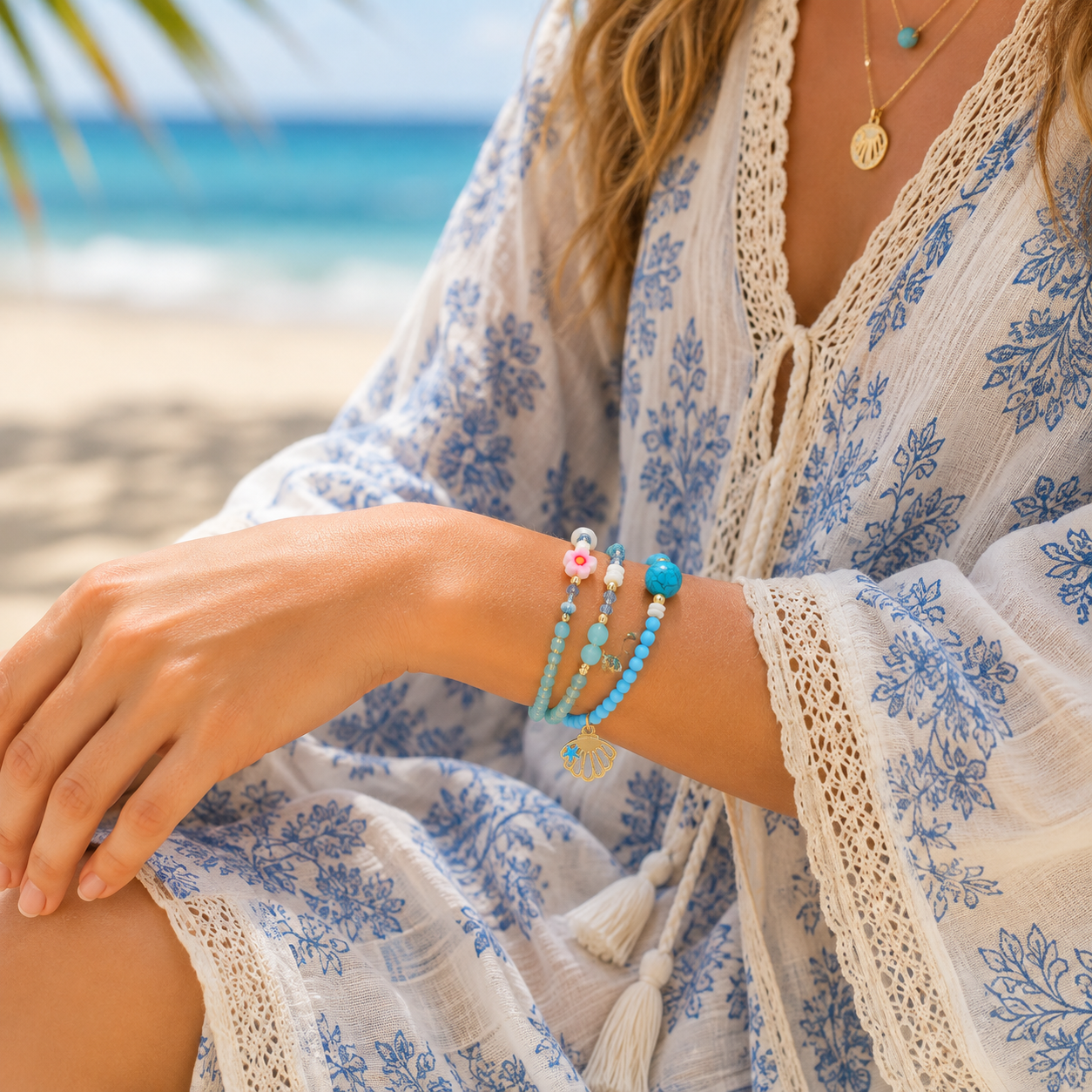 Stretch Beaded Bracelet Stack with Seashell Charm - Gallery 5