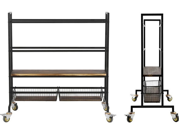 Heavy Duty Black Metal Sports Equipment Rolling Rack with Wood Shelves