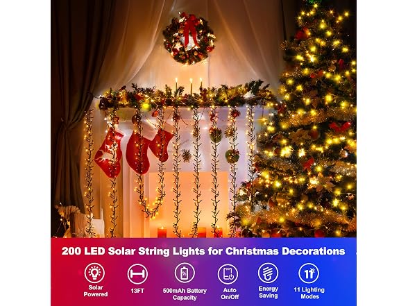 Forlivese 20FT 200LED Solar Christmas String Lights