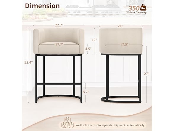 LUE BONA 27" H Counter Height Bar Stools Set of 2, Modern Barrel Counter Stools with Backrest and Arms, Black Metal Frames, Linen Fabric Upholstered Accent Barstools for Kitchen Island, Linen Color (Open Box)