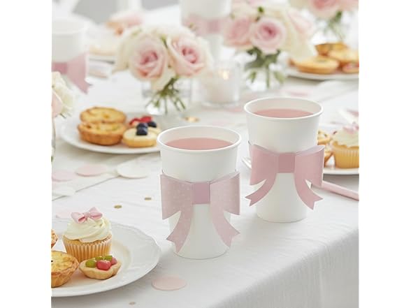 Fun Express White Disposable Paper Cups with Pink Bow