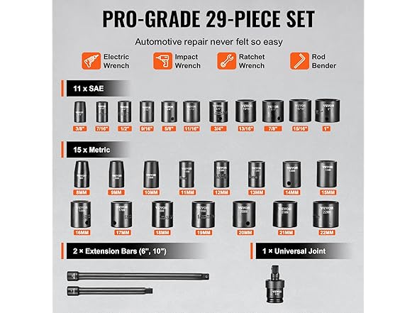 VEVOR 29 Piece Shallow 3/8" Drive Impact Socket Set